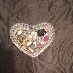 Heart-Shaped Glass Jewelry Dish with Mixed Jewelry